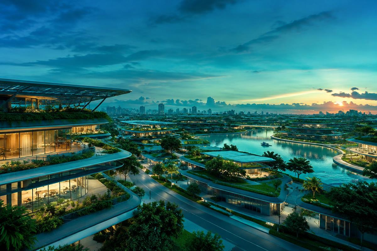 Sustainable eco-city skyline at dusk