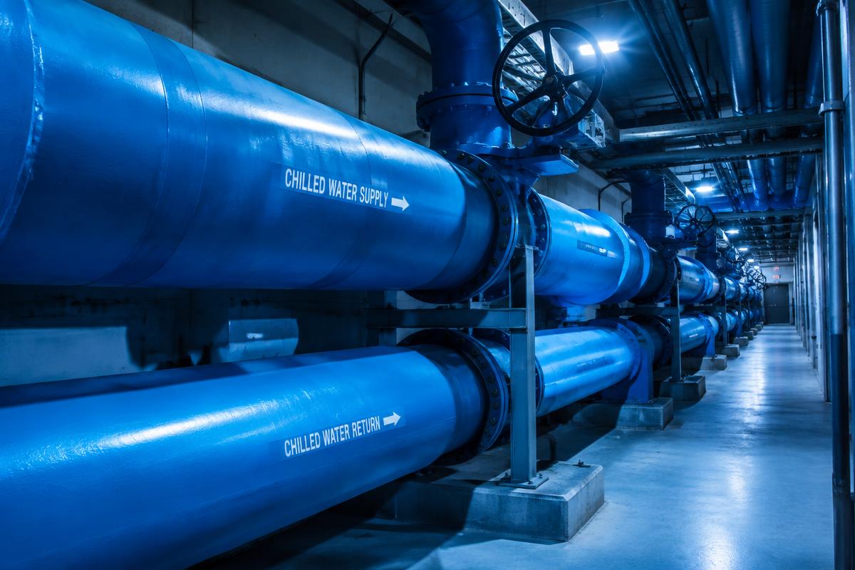 Large insulated chilled water distribution pipes